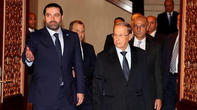 Former Lebanese prime minister Saad Al Hariri, left, and the leader of the Free Patriotic Movement, Gen Michel Aoun, in Beirut on October 20, 2016. Dalati Nohra / EPA