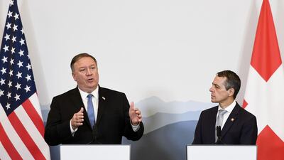 US Secretary of State Mike Pompeo and Swiss counterpart Ignazio Cassis attend a press conference at the Castelgrande closing a bilateral meeting on June 2, 2019 in Bellinzona. AFP