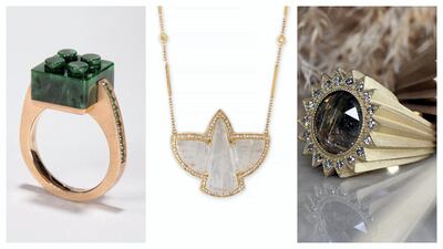 From left, Lego ring by Nadine Ghosn; Thunderbird pendant by Jacquie Aiche; and Power of Light ring by Nada Ghazal