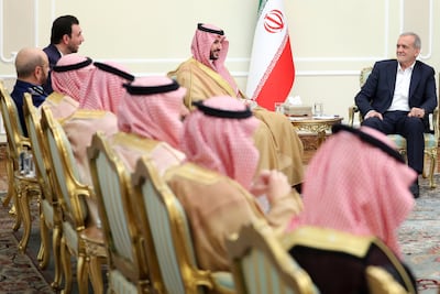 President Masoud Pezeshkian meets with Saudi Arabia's Defence Minister Prince Khalid bin Salman and his delegation in Tehran. AP