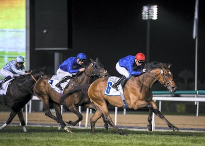Tadhg O'Shea rode Secret Advisor to victory in the Meydan Cup for thoroughbreds. Reem Mohammed / The National
