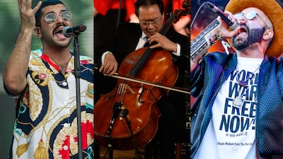 L-R: Mashrou' Leila's Hamed Sinno, classical music star Yo-Yo Ma and rapper Narcy collaborate on powerful new song 'Ha’oud (I Will Return)'. Getty Images / Reuters / EPA