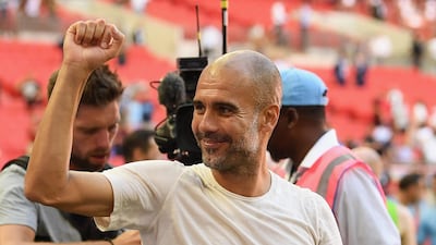 LONDON, ENGLAND - AUGUST 05: Josep Guardiola, Manager of Manchester City celebrates following his side's victory during the FA Community Shield between Manchester City and Chelsea at Wembley Stadium on August 5, 2018 in London, England. (Photo by Michael Regan/Getty Images)
