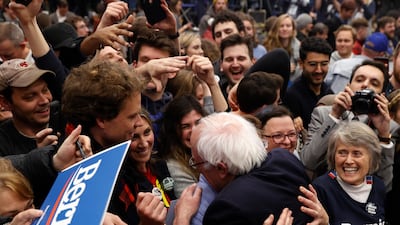 Democratic U.S. presidential candidate Senator Bernie Sanders greets supporters at his New Hampshire primary night rally in Manchester, N.H., U.S. REUTERS