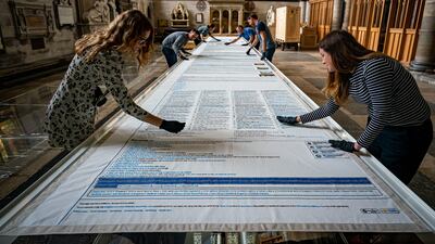 Artist Cornelia Parker's Magna Carta, a 13-metre-long embroidery depicting the Magna Carta Wikipedia pages, was installed at Salisbury Cathedral on Wednesday. PA