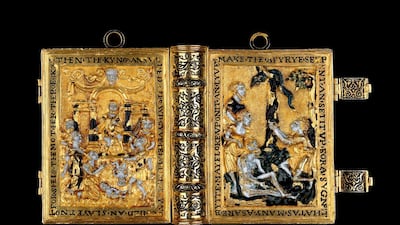 Miniature prayer book London, UK , 1540–76. This enamelled gold case contains a unique miniature printed book of morning and evening prayers, hymns, psalms and meditations. It was worn on a belt and may have belonged to Queen Elizabeth I. © the Trustees of the British Museum