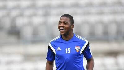 Ismail Al Hammadi shown during the UAE's Asian Cup quarter-finals training session on Thursday before their Friday match against Japan. Photo Courtesy / UAE FA