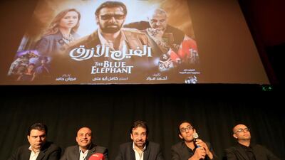 From left: the producer Omar Sallam; the executive producer Fadi Fahim; the actor and star Karim Abdel Aziz; the director Marwan Hamed; and the writer Ahmad Mourad at a press conference for The Blue Elelphant at the Dubai Festival City Mall. Ravindranath K / The National