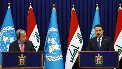 UN Secretary-General Antonio Guterres holds a joint press conference with Prime Minister Mohammed Shia al-Sudani in Baghdad. AFP