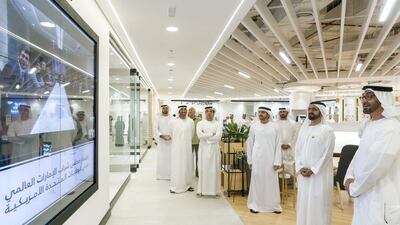 Sheikh Mohammed bin Zayed and Sheikh Mohammed bin Rashid tour the Youth Hub. Seen with Sheikh Hamdan bin Mohamed, Sheikh Mansour bin Zayed and Mohammed Al Mazrouei, Undersecretary of the Crown Prince Court of Abu Dhabi (5th R). Rashed Al Mansoori / Crown Prince Court - Abu Dhabi
