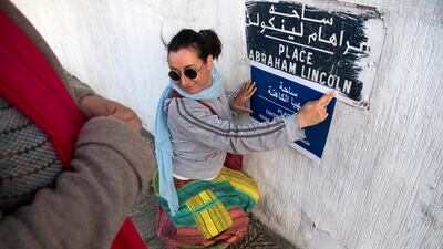 Activists from the Alternative Movement for Individual Freedoms (MALI) replace the names of streets with that of famous Moroccan women in Rabat. AFP