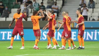 Galatasaray players celebrate after scoring against GZT Giresunspor in the Turkish league. Getty