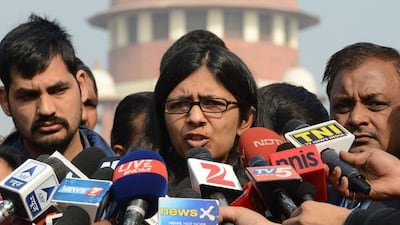 Chairwoman of the Delhi Commission for Women, Swati Maliwal speaks at the Supreme Court in New Delhi on December 21, 2015. The court rejected an appeal against the release of the youngest convict in a gang-rape as the victim's parents vowed to step up protests. Money Sharma / AFP Photo