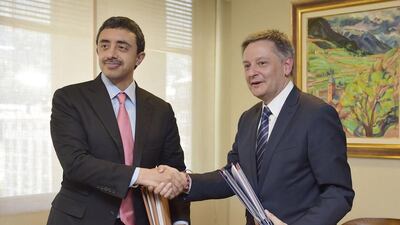 Sheikh Abdullah bin Zayed meets Gilbert Saboya, Minister for Foreign Affairs of Andorra. WAM