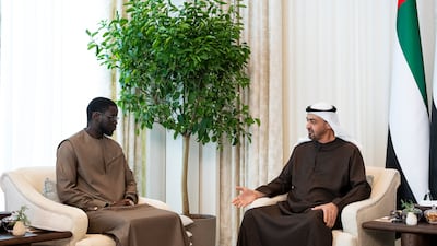 President Sheikh Mohamed welcomes Senegal's President Bassirou Diomaye Faye at Qasr Al Shati in Abu Dhabi. Photo: Abdulla Al Bedwawi / UAE Presidential Court
