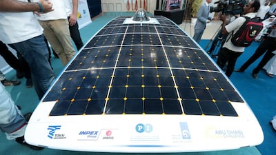 The solar car that will represent the UAE in the Abu Dhabi Solar Challenge in unveiled at the Petroleum Institute in Abu Dhabi. Christopher Pike / The National