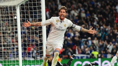 Sergio Ramos celebrates after scoring Real Madrid’s second goal. Denis Doyle / Getty Images