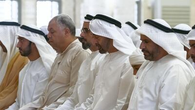 Sheikh Mohamed attends Friday prayer at Sheikha Salama bint Butti Mosque in Al Ain. Rashed Al Mansoori / Ministry of Presidential Affairs