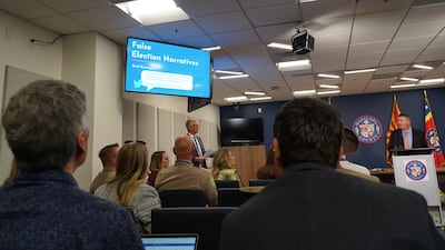Maricopa County Board Chair Bill Gates speaks about misinformation surrounding the 2022 midterm election. Willy Lowry / The National