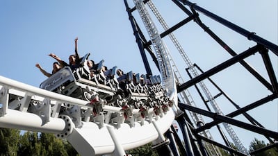 Visitors ride the Full Throttle roller coaster at Six Flags Magic Mountain in Valencia, California. Development of a Six Flags Dubai outpost is on hold. Bloomberg