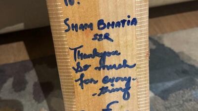 Sarfaraz Khan presented Shyam Bhatia with his bat as a 'thank you' for the help the Dubai businessman gave him in his formative years in cricket. Photo: Shyam Bhatia