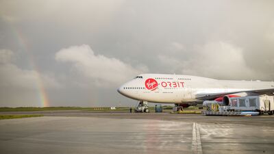 Cosmic Girl, a Boeing 747 modified to launch satellites, on the tarmac at Spaceport Cornwall. Bloomberg