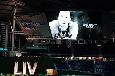 A tribute to Kobe Bryant is displayed before Super Bowl Opening Night at Marlins Park. Reuters