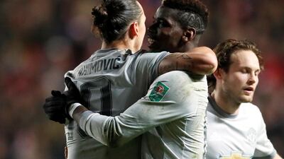 Soccer Football - Carabao Cup Quarter Final - Bristol City vs Manchester United - Ashton Gate Stadium, Bristol, Britain - December 20, 2017 Manchester United's Zlatan Ibrahimovic celebrates scoring their first goal with Paul Pogba REUTERS/David Klein EDITORIAL USE ONLY. No use with unauthorized audio, video, data, fixture lists, club/league logos or 'live' services. Online in-match use limited to 75 images, no video emulation. No use in betting, games or single club/league/player publications. Please contact your account representative for further details.