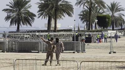 Members of the Armed Forces prepare for the Union Fortress live military event on the Corniche beach in Abu Dhabi on Thursday. Christopher Pike / The National