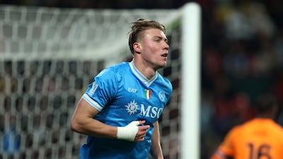 Rasmus Hojlund celebrates scoring Napoli's second goal in a 2-0 win over AC Milan at Al Awwal Park in Riyadh, Saudi Arabia. Getty Images
