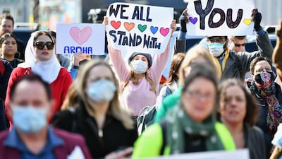 Members of the public wait outside Christchurch High Court as they want to show the victims their support during the sentencing of Brenton Tarrant in Christchurch, New Zealand. Getty Images