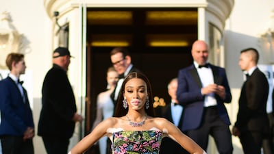 Canadian model Winnie Harlow attends the amfAR Cannes Gala 2019 in Richard Quinn. Photo: Getty