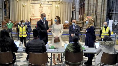Prince William and Catherine, Duchess of Cambridge speak with staff during a visit to the Covid-19 vaccination centre at Westminster Abbey in March 2021. Getty Images