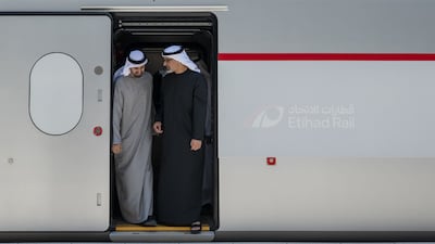 Sheikh Khaled and Sheikh Theyab also witnessed the unveiling of the UAE passenger rail network