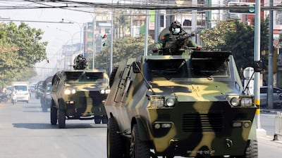 Armoured personnel carriers on the streets of Mandalay on February 3, 2021, as calls for a civil disobedience gather pace following a military coup which saw civilian leader Aung San Suu Kyi being detained. AFP