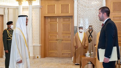 Sheikh Mohamed receives Jose Aguero Avila, ambassador of Paraguay to the UAE. Mohamed Al Hammadi / UAE Presidential Court