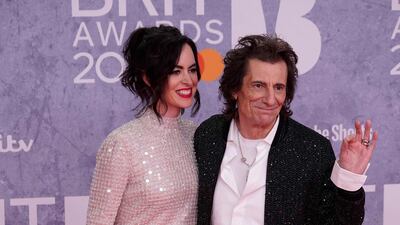 Actress and producer Sally Humphreys Wood with her husband, Rolling Stones star Ronnie Wood.