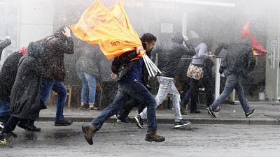 Turkish police use a water cannon to disperse protestors during a rally against the arrests of MPs from the People's Democratic Party (HDP), in Istanbul, Turkey, 05 November 2016. EPA/SEDAT SUNA