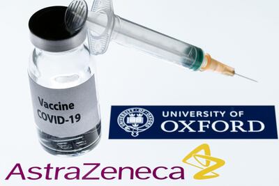 A syringe and a bottle reading "Covid-19 Vaccine" next to AstraZeneca company and University of Oxford logos. AFP