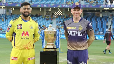 Eoin Morgan, captain of Kolkata Knight Riders, and MS Dhoni, captain of Chennai Super Kings, at the toss.