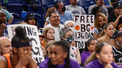 Fans hold signs Griner during the first half of the WNBA game between the Chicago Sky and Phoenix Mercury at Wintrust Arena in Chicago, Illinois. EPA