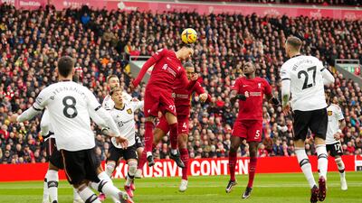 Liverpool's Darwin Nunez heads the ball. AP