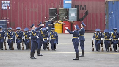 Members of the Belarus precision drill team perform during the Idex opening ceremony. Donald Weber / Crown Prince Court - Abu Dhabi