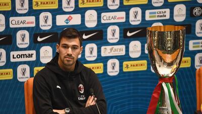 Alessio Romagnoli of AC Milan speaks to the media during a press conference. in Jeddah, Saudi Arabia. Getty