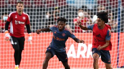 Manchester United's Fred and Zidane Iqbal during training. Reuters