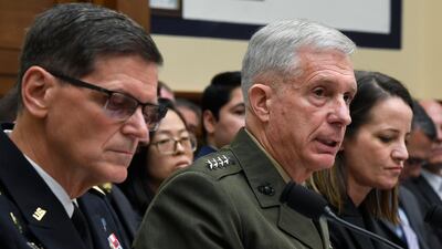 Gen Joseph Votel, left, with US Africa Commander Gen Thomas Waldhauser and acting assistant secretary of defence Kathryn Wheelbarger. AP
