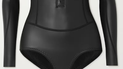 The eco-friendly Abysse Lotte one-piece by is made from black Japanese Yamamoto neoprene, with the lining made from recycled plastic bottles; Dh1,506.84, Abysse at netaporter.com. Photo: Net-a-Porter