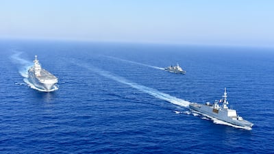 The French helicopter carrier 'Tonnerre' with Greek and French escort vessels during exercises in the Mediterranean in August. AP