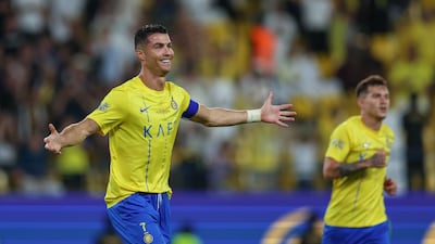 RIYADH, SAUDI ARABIA - MAY 4: Cristiano Ronaldo of Al Nassr celebrates after scoring the 2nd goal during the Saudi Pro League match between Al-Nassr and Al Wehda at Al Awwal Park on May 4, 2024 in Riyadh, Saudi Arabia.(Photo by Yasser Bakhsh / Getty Images)