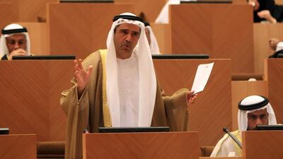 Abdulaziz Al Zaabi, member of FNC, speaks during an FNC session in Abu Dhabi. Ravindranath K / The National